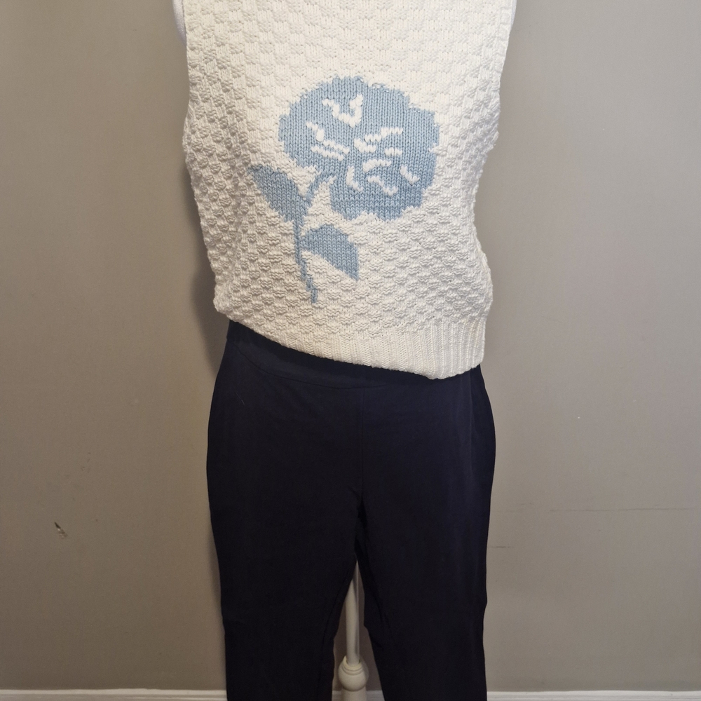 White Sweater Vest with Blue Floral Design